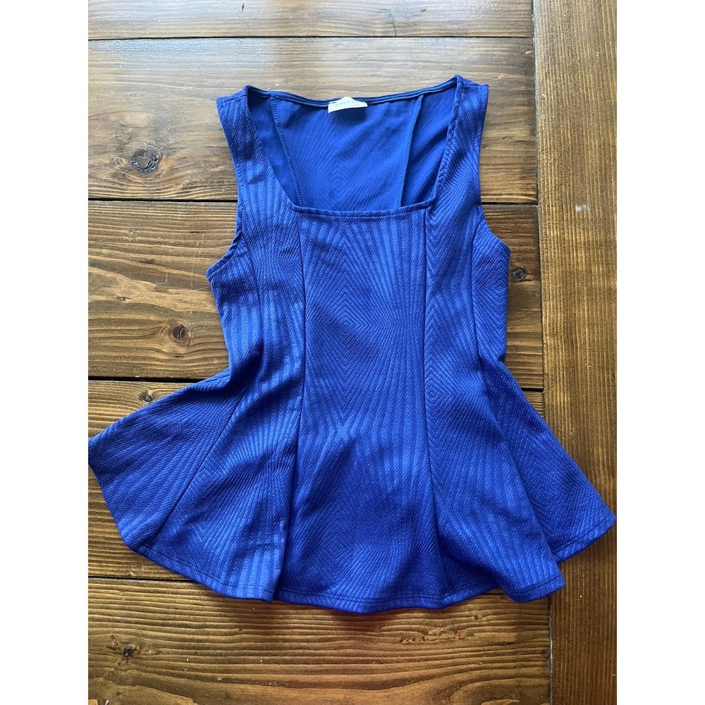 Poetry Royal Blue Peplum Top Sleeveless Textured Geometric Square Neck Blouse
